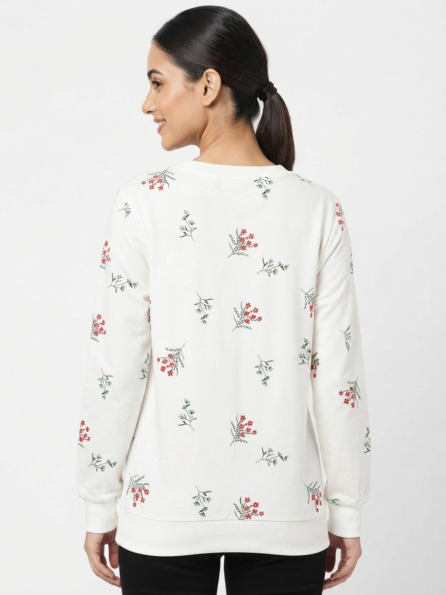White Floral Printed Crew-Neck Sweatshirt