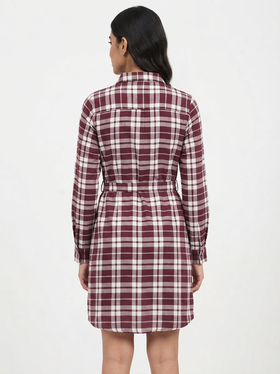 Maroon & White Checkered Button-Down Shirt Dress