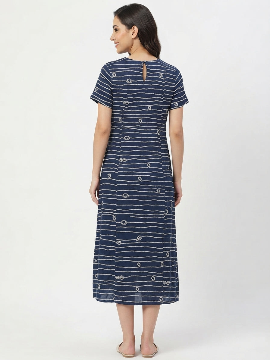 Navy Blue Printed Round Neck Casual Dress