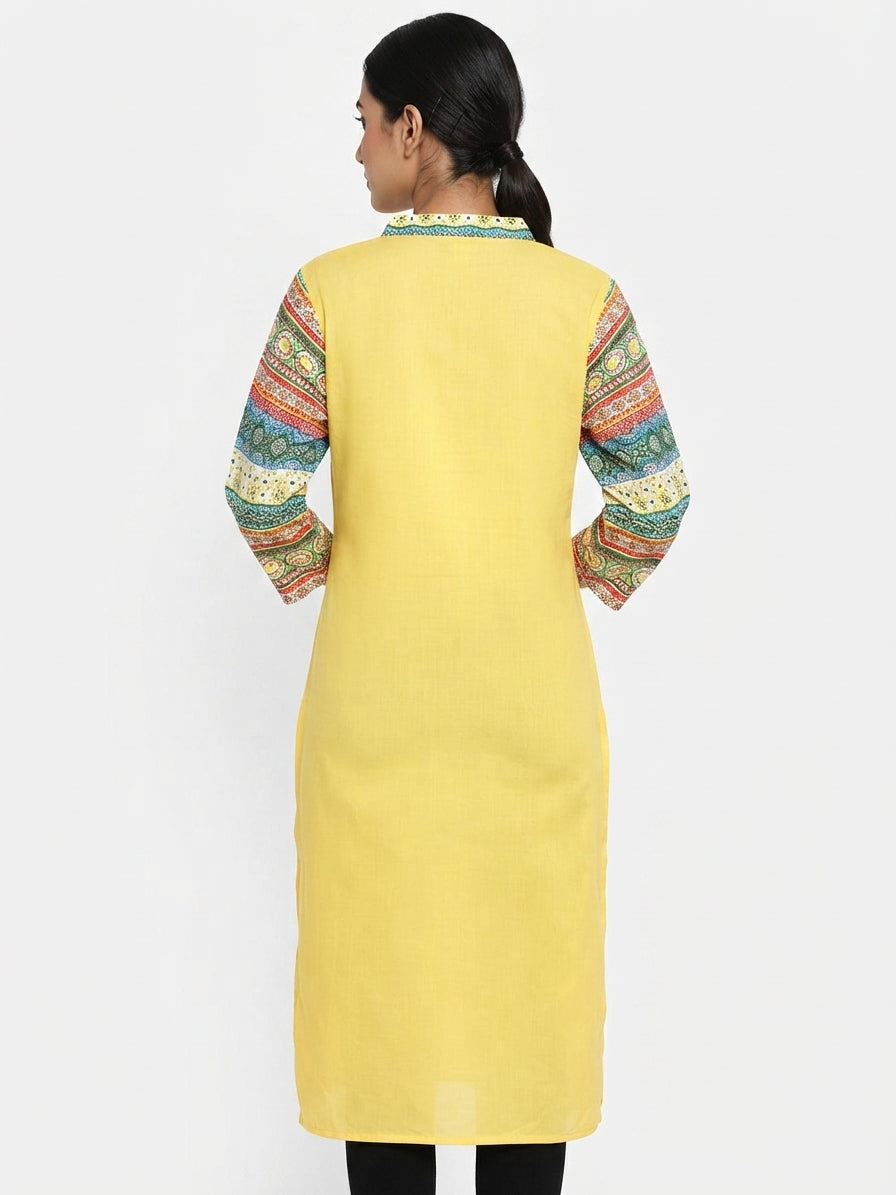 Yellow Printed Kurti with Ethnic Sleeves