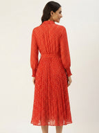 Red Polka Dot Pleated Midi Dress with Belt