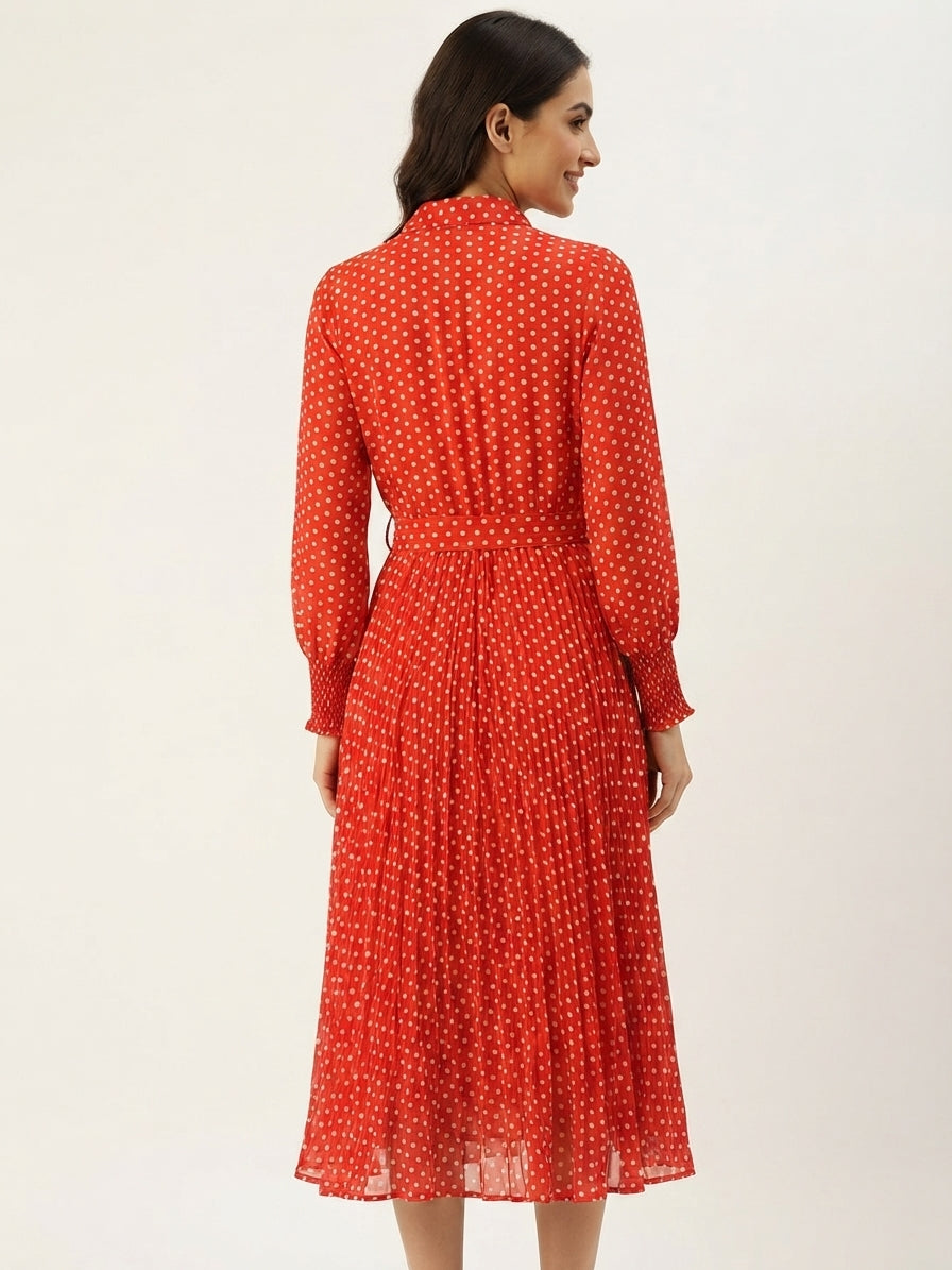 Red Polka Dot Pleated Midi Dress with Belt