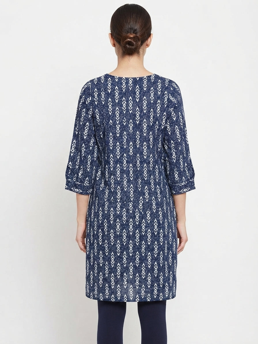 Navy Blue Ethnic Print Relaxed Fit Kurti