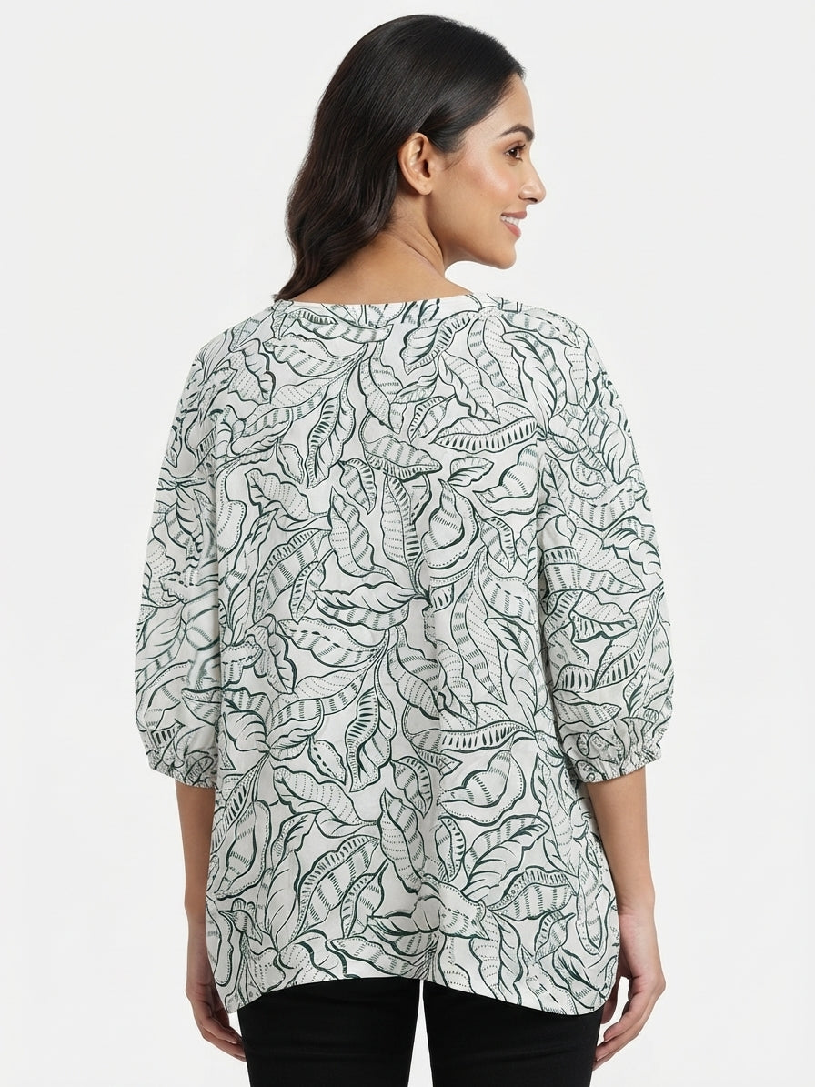 Women's White & Dark Green Botanical Print Relaxed Fit Top
