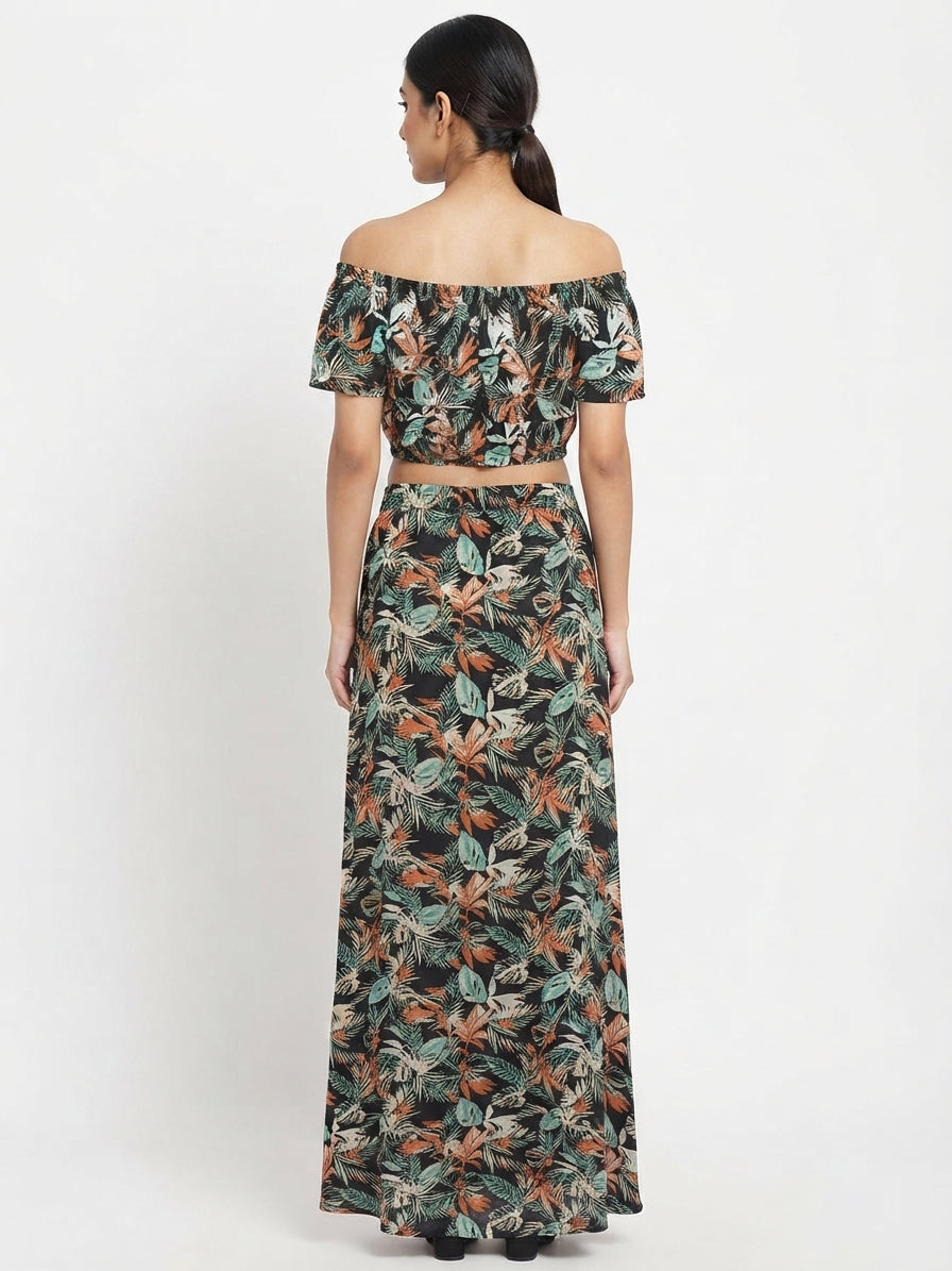 Women's Floral Print Off-Shoulder Crop Top and Skirt Co-ord Set