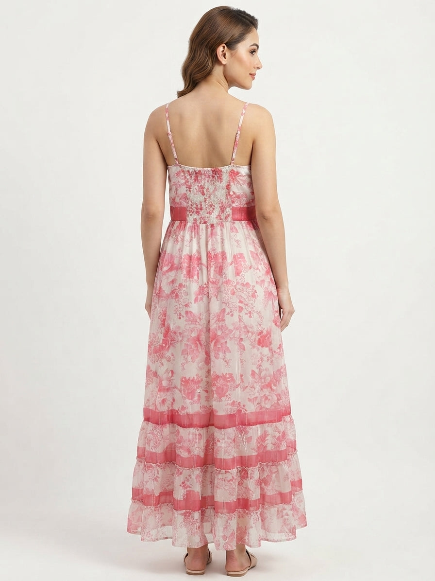 Women's Pink Floral Printed Flared Dress