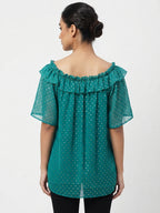 Teal Polka Dot Ruffled Off-Shoulder Top