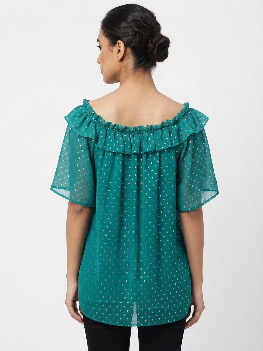 Teal Polka Dot Ruffled Off-Shoulder Top