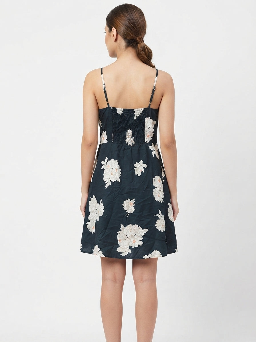 Navy Blue  Floral Print A-line Dress