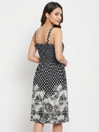 Black & White Polka Dot Floral Printed Smocked Dress