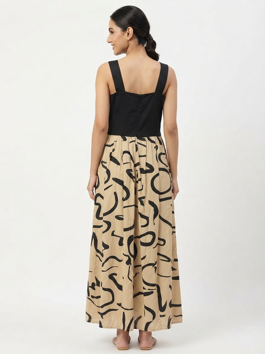 Women's Black & Beige Abstract Print Color Block Maxi Dress