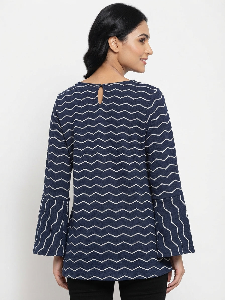 Navy Blue Geometric Print Bell Sleeve Top