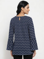 Navy Blue Geometric Print Bell Sleeve Top