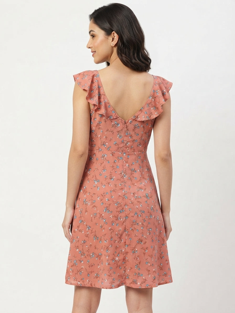 Peach Floral Printed A-line Dress