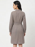 Brown & White Checkered Casual Midi Dress