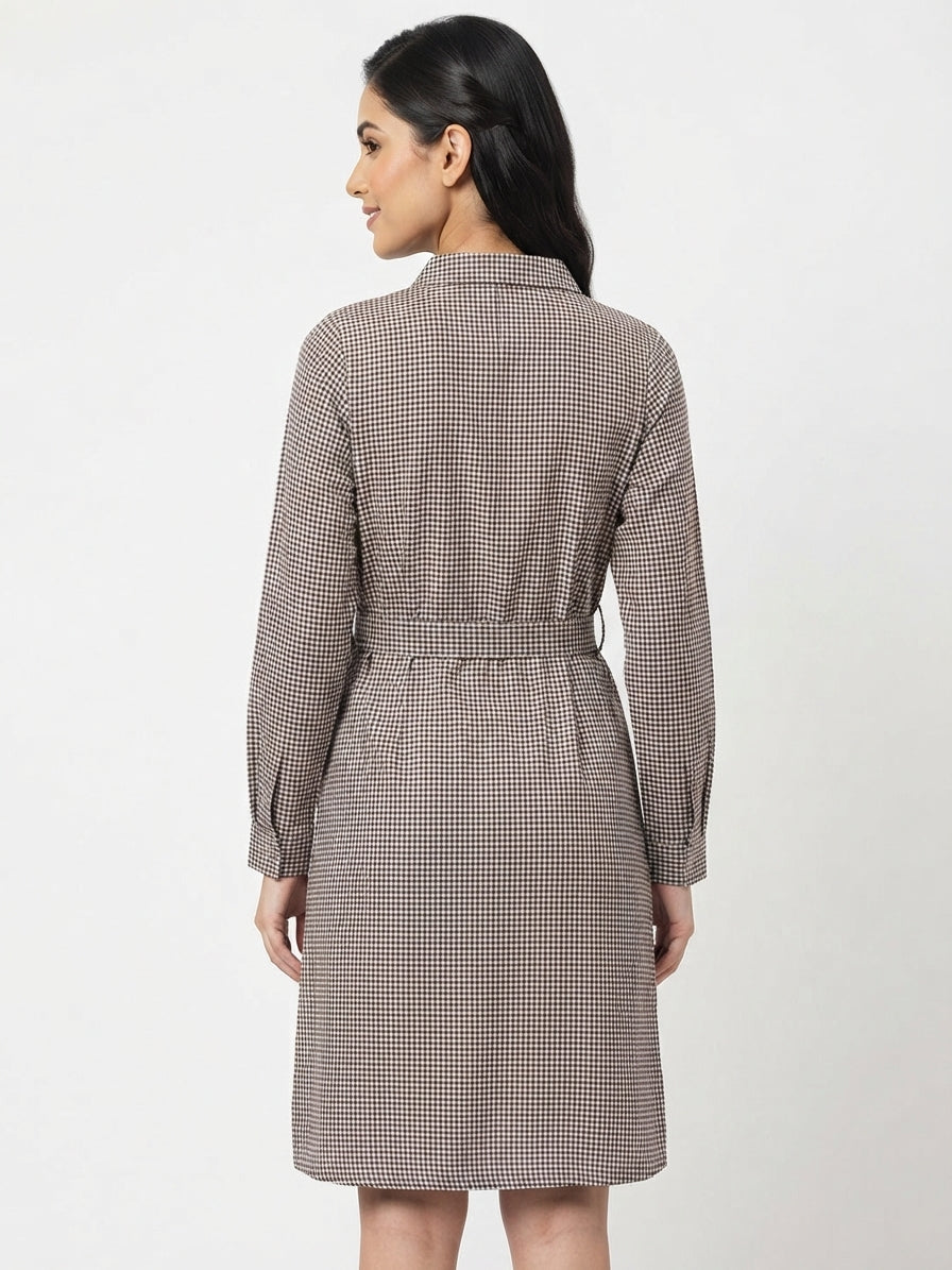 Brown & White Checkered Casual Midi Dress