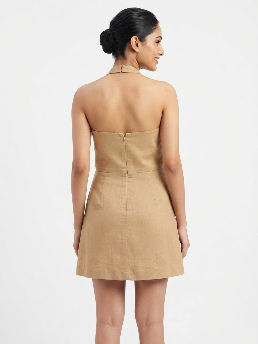 Tan Embellished Halter Neck Dress