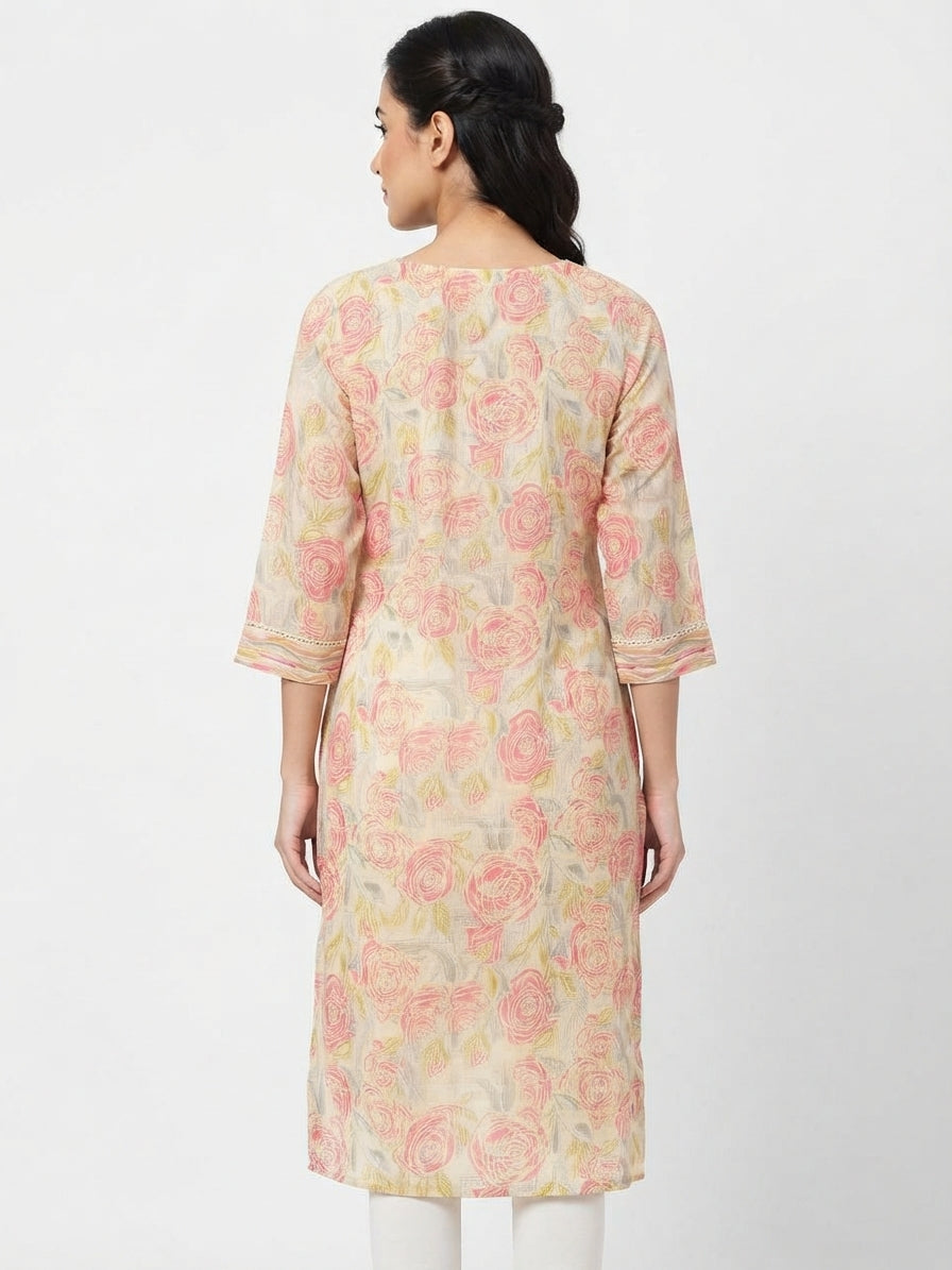 Off White Floral Printed Kurti with Embellished Neckline