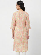 Off White Floral Printed Kurti with Embellished Neckline