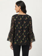 Black Floral Printed V-Neck Top