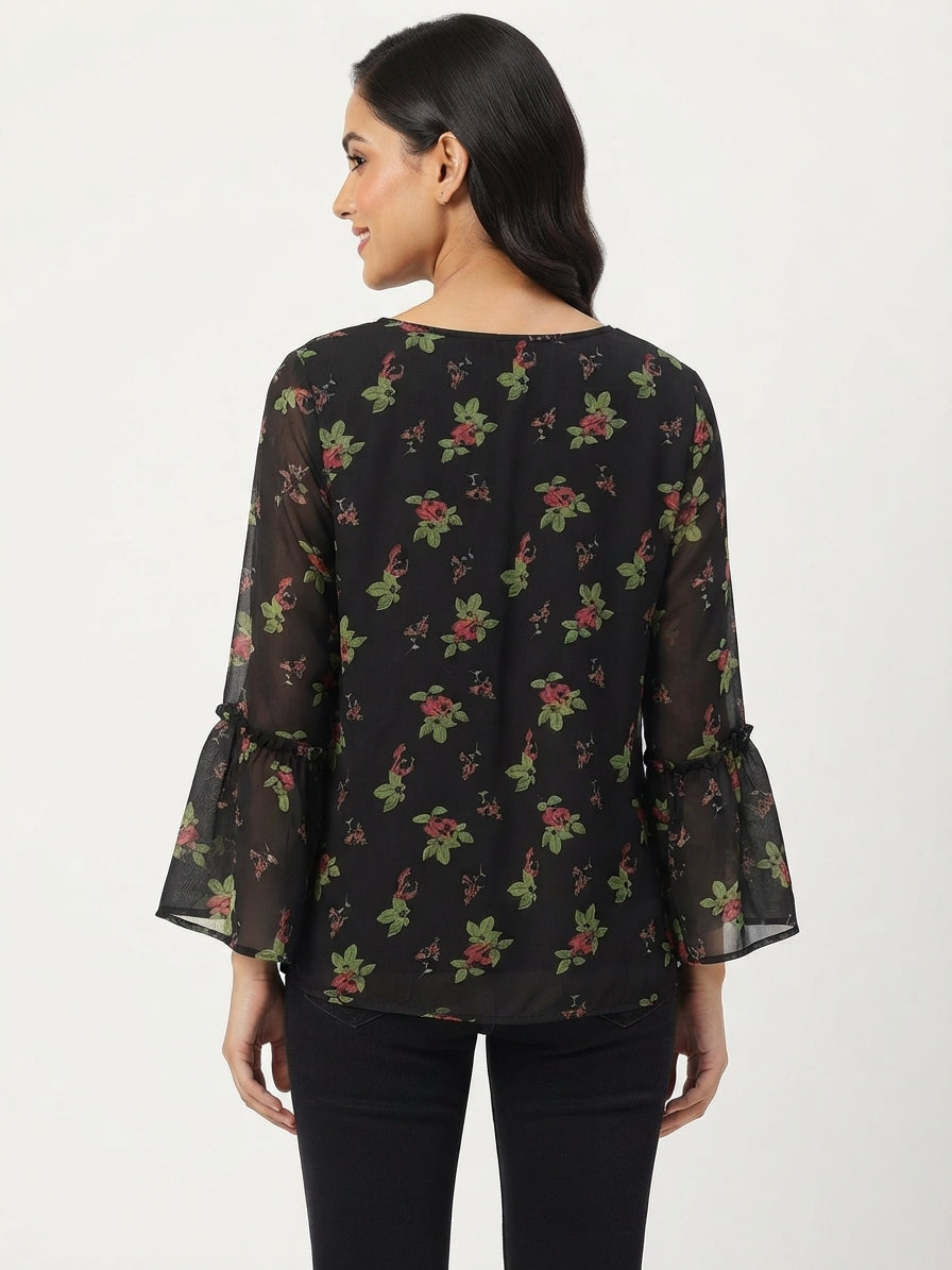Black Floral Printed V-Neck Top