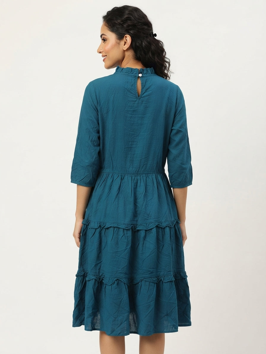 Teal Ruffled Neck Tiered Casual Dress