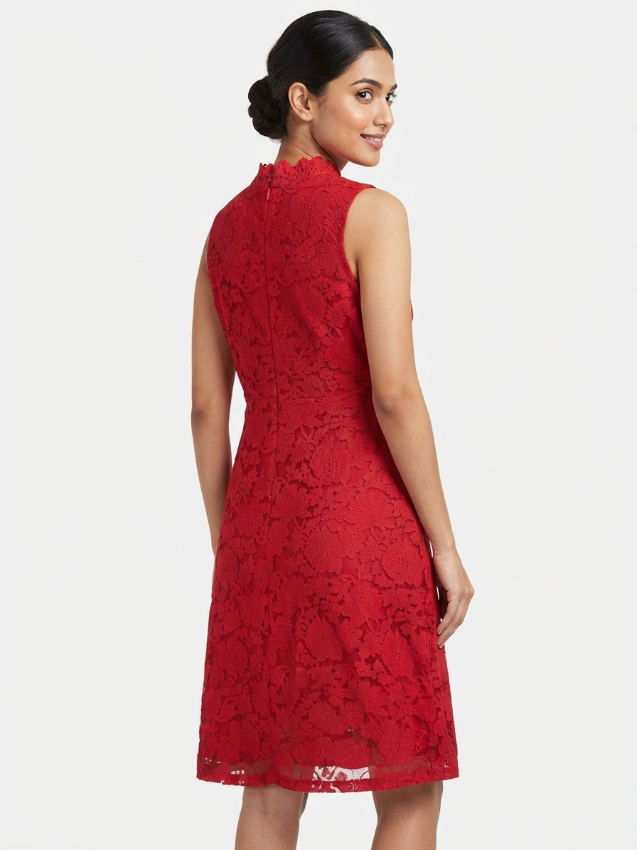 Red Floral Lace Sleeveless Party Dress