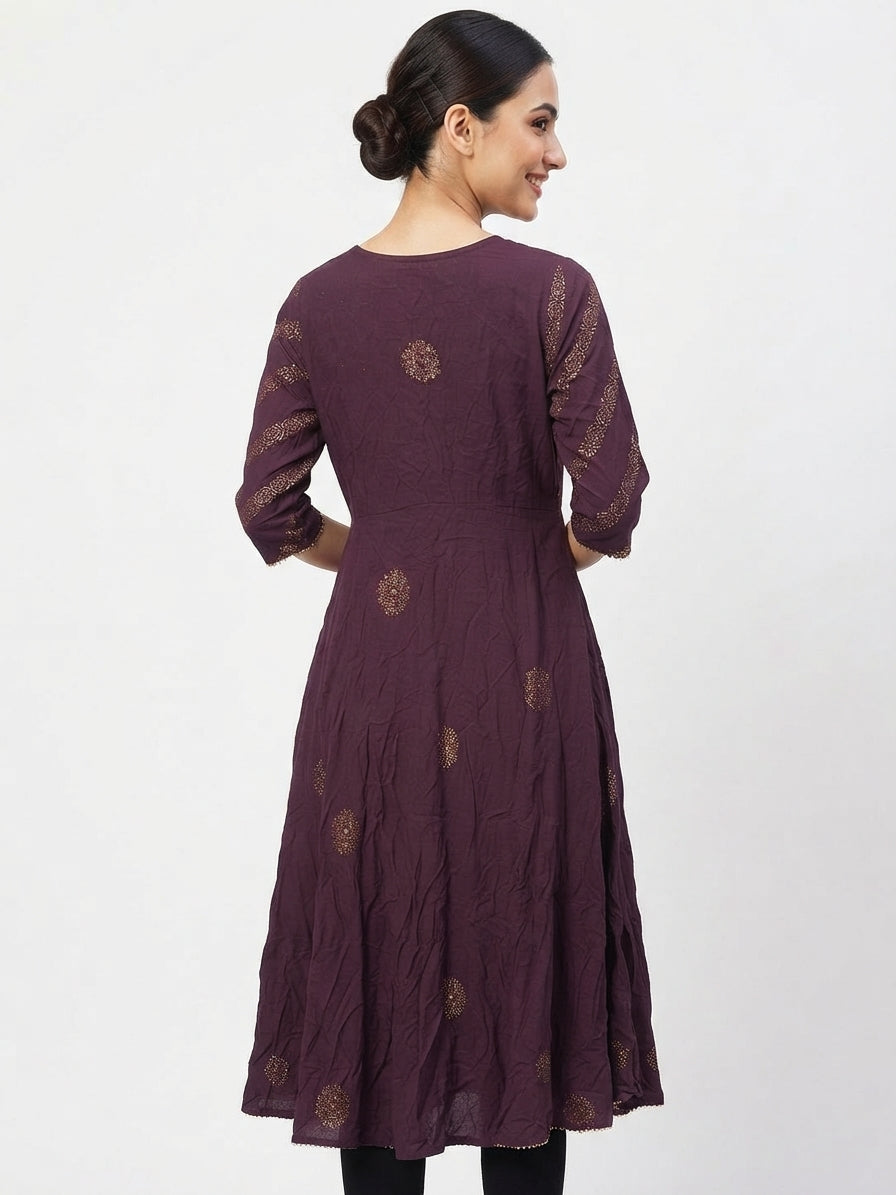 Plum Flared Kurti with Ethnic Gold Print