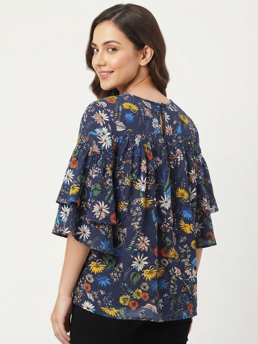 Navy Blue Floral Printed Round Neck Top