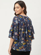 Navy Blue Floral Printed Round Neck Top