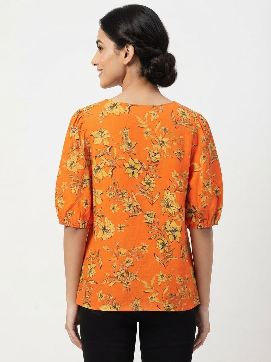 Orange Floral Print V-Neck Top