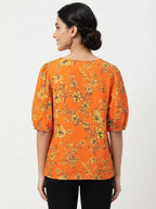 Orange Floral Print V-Neck Top