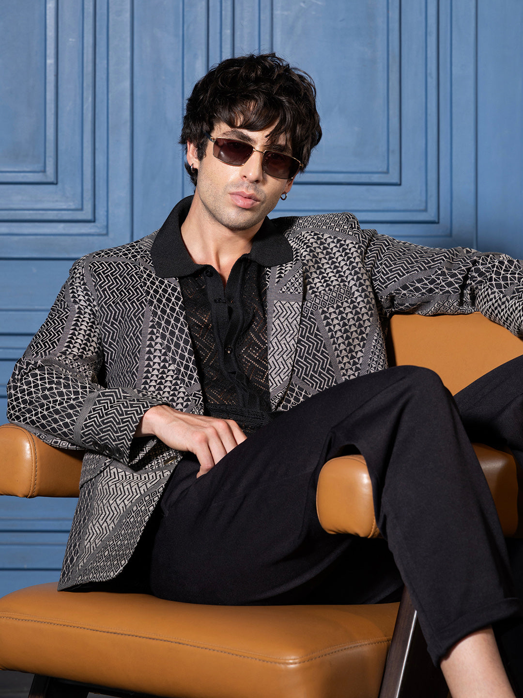 Campus Sutra Tailored Geometric-Block Jacquard Blazer