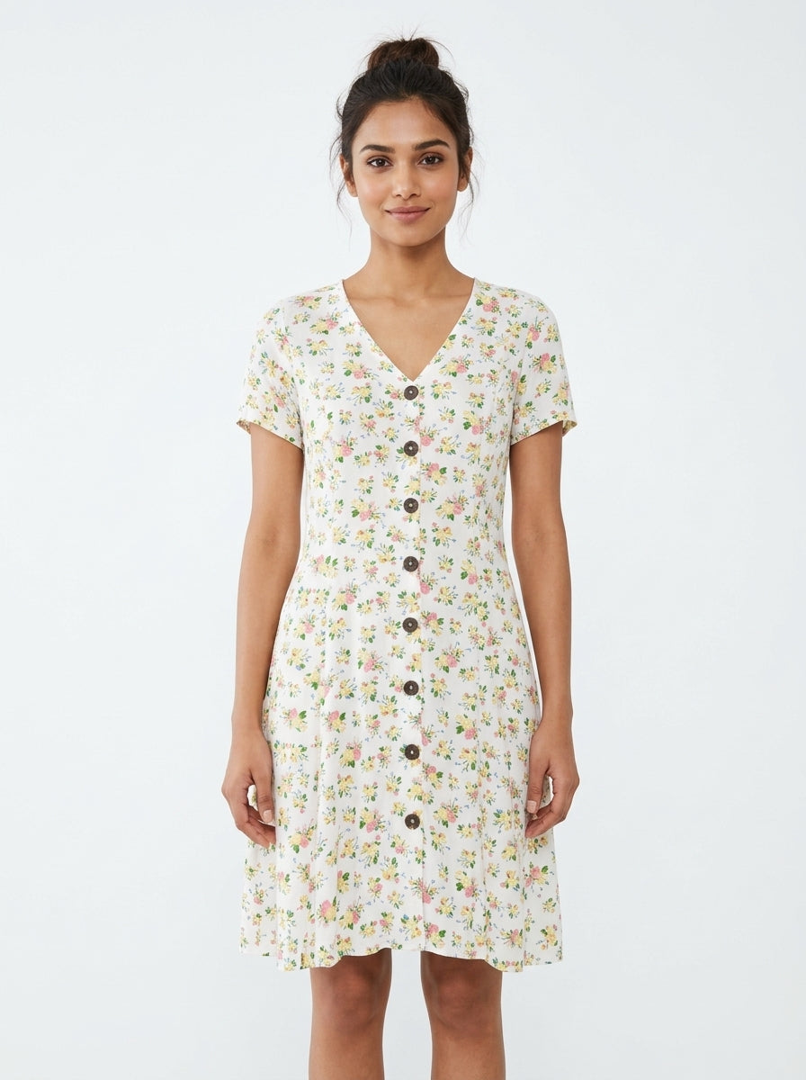 Women's White Floral Button-Front Short Sleeve Dress