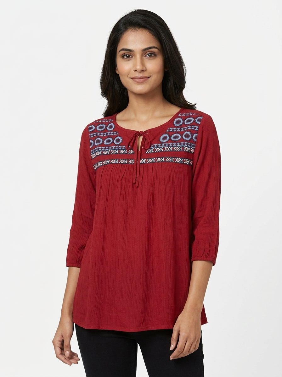 Red Embroidered Casual Top