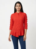 Red Casual Button-Front Top with Cut-out Sleeves