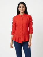 Red Casual Button-Front Top with Cut-out Sleeves