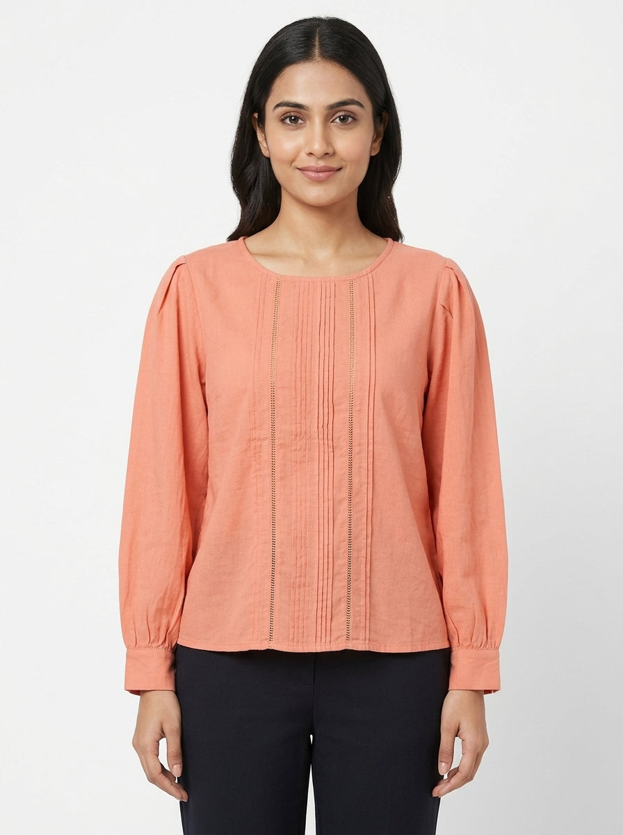 Peach Casual Round Neck Pintuck Top