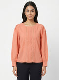 Peach Casual Round Neck Pintuck Top
