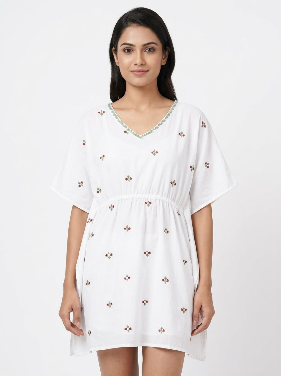 Women's White Embroidered Relaxed Fit Tunic Top