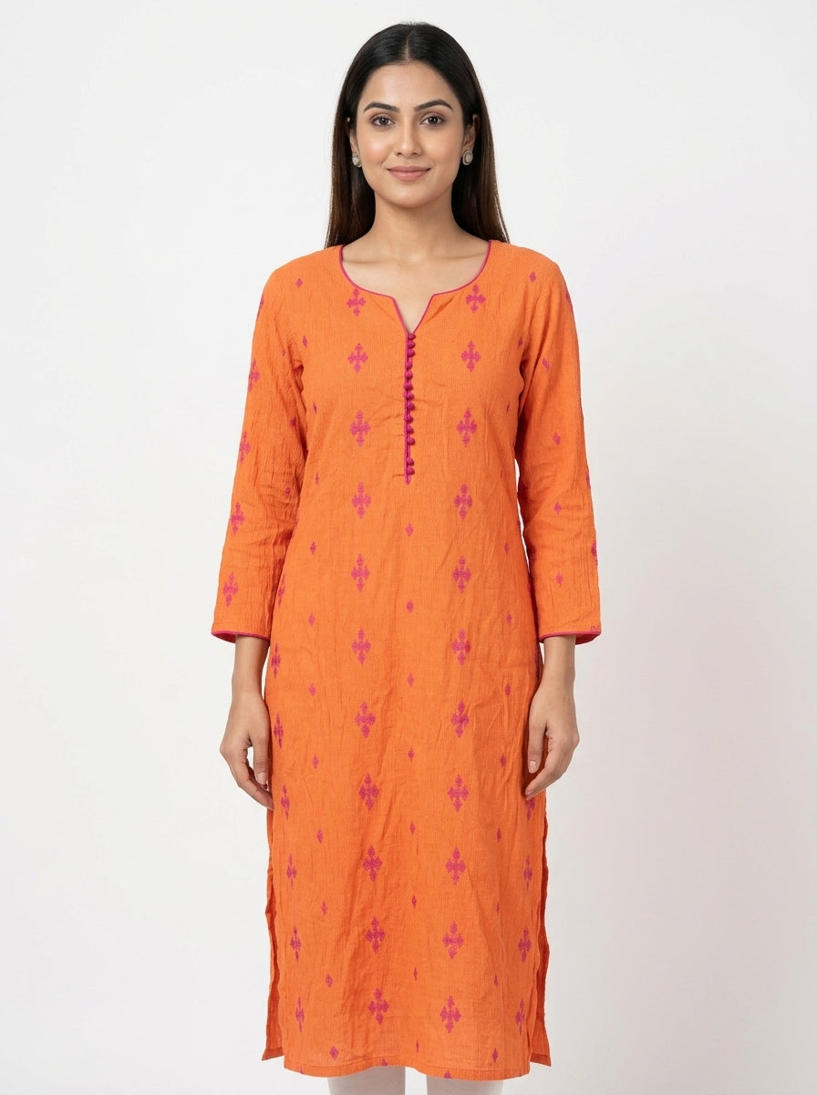 Vibrant Orange Embroidered Kurti