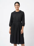 Women's Black Peter Pan Collar Pleated Midi Dress
