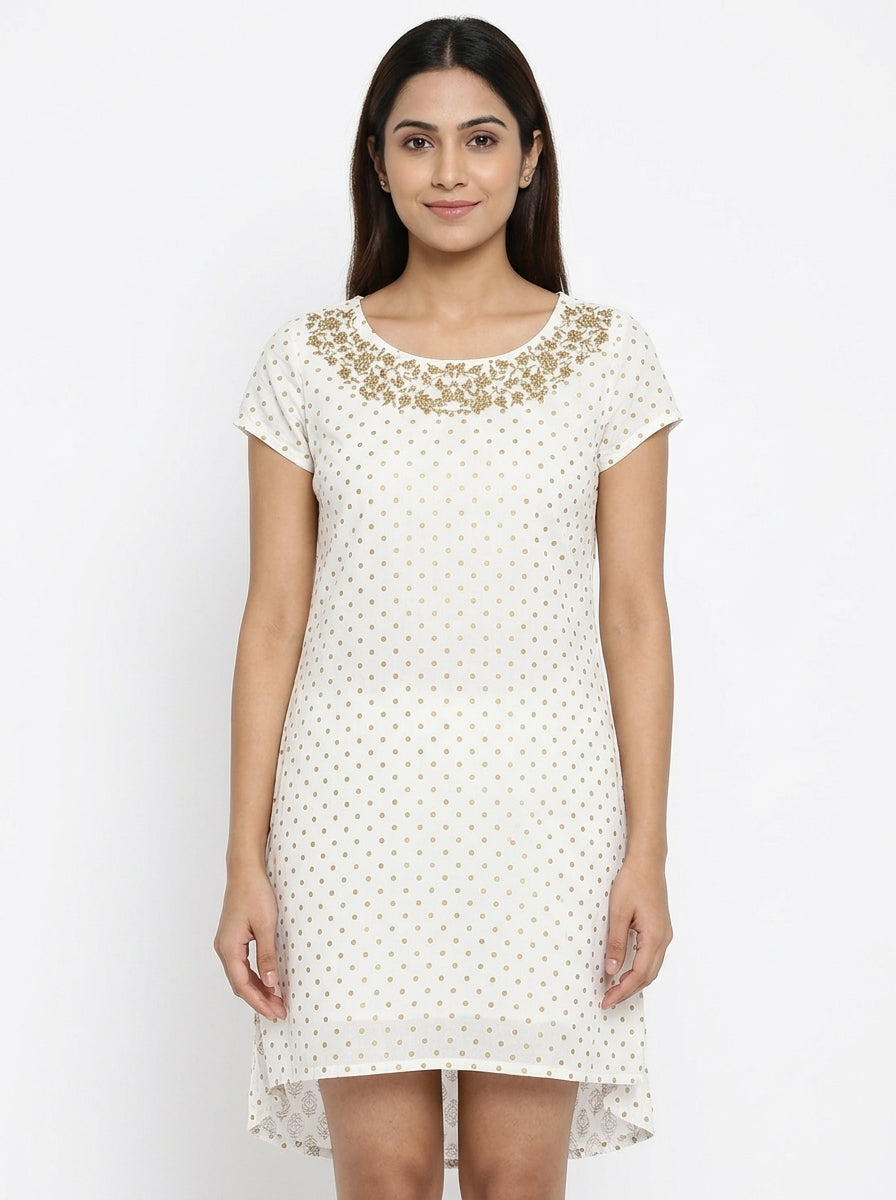 White & Gold Embroidered Polka Dot Kurti