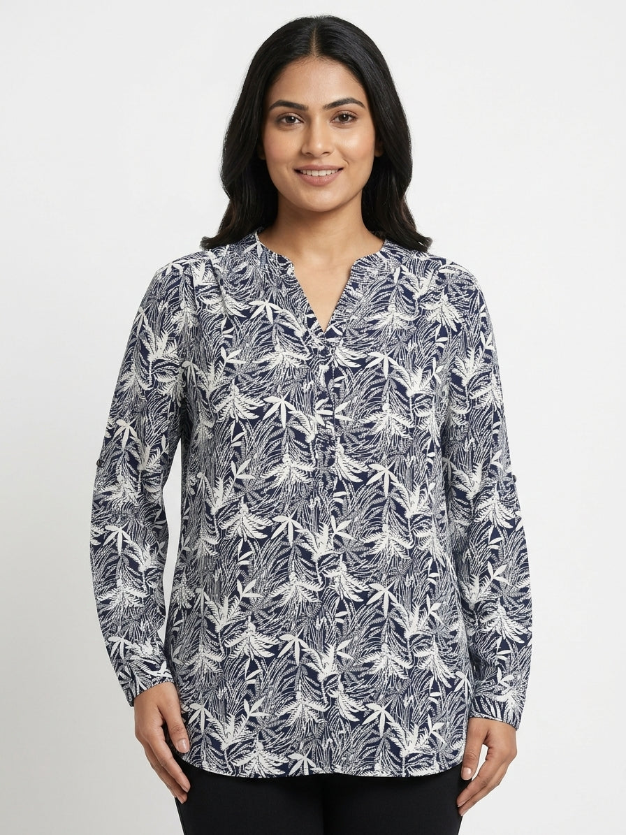 Women's Navy and White Leaf Print Casual Top