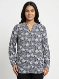 Women's Navy and White Leaf Print Casual Top
