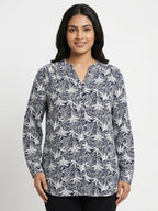 Women's Navy and White Leaf Print Casual Top