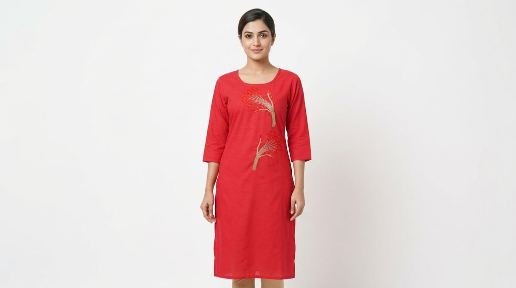 Red Embroidered Round Neck Kurti