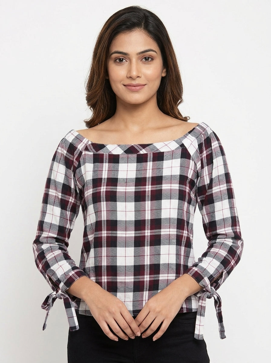 Women's Burgundy Plaid Long Sleeve Casual Top