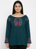 Teal Embroidered Off-Shoulder Tunic Top