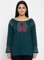 Teal Embroidered Off-Shoulder Tunic Top